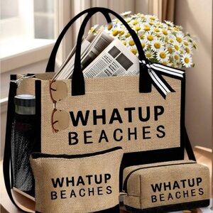 WHATUP BEACHES Straw Tote Bag in Natural with Black Trim